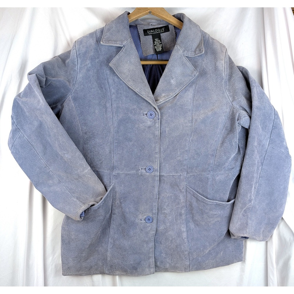 Dialogue Periwinkle Suede Leather Blazer Jacket Womens Large 3 Button Pockets